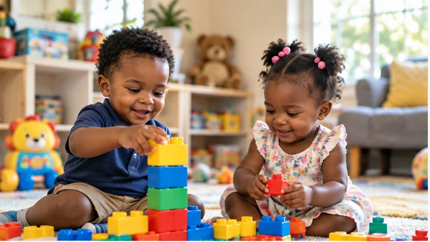 Young child playing and learning with colorful blocks in a home setting