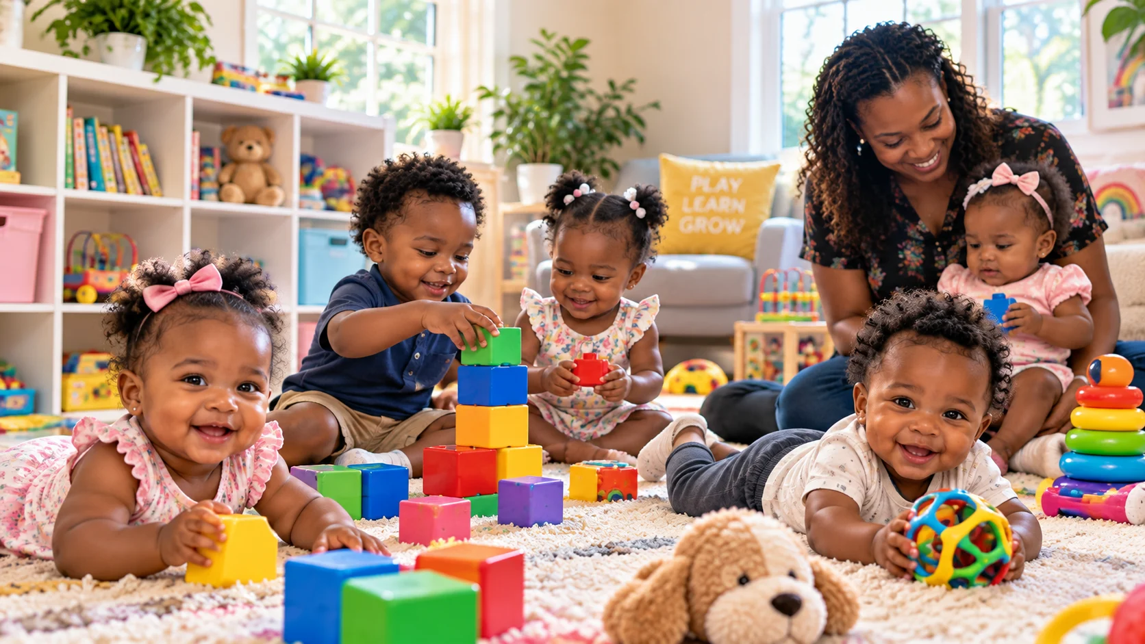 Infants and toddlers playing together in a bright home day care setting