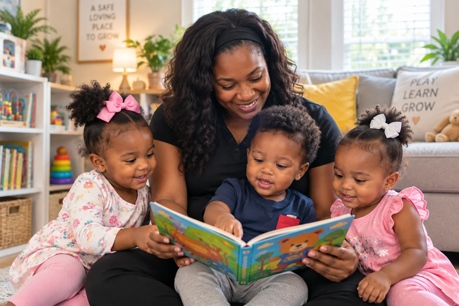 Parent and child reading together in a cozy home environment